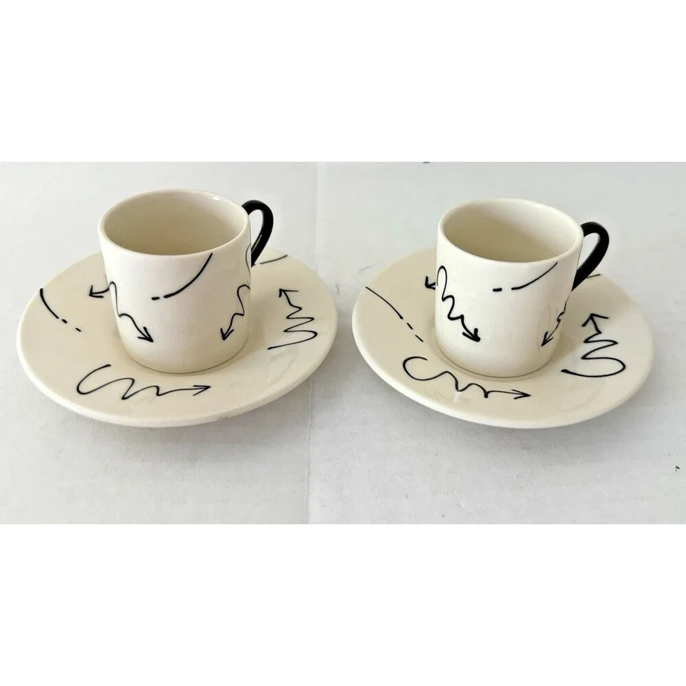 Vtg Set 2 Black White Contemporary English Art Expresso Cups Saucers EUC SOFIEB
